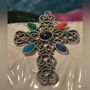 Vintage Avon Silver-Tone Filigree Cross Necklace Multicolor Stones